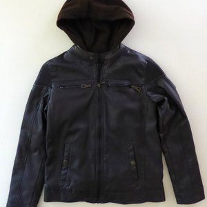 URBAN REPUBLIC BOYS FAUX LEATHER DARK BROWN BIKER JACKET BROWN HOOD (USED) LARGE
